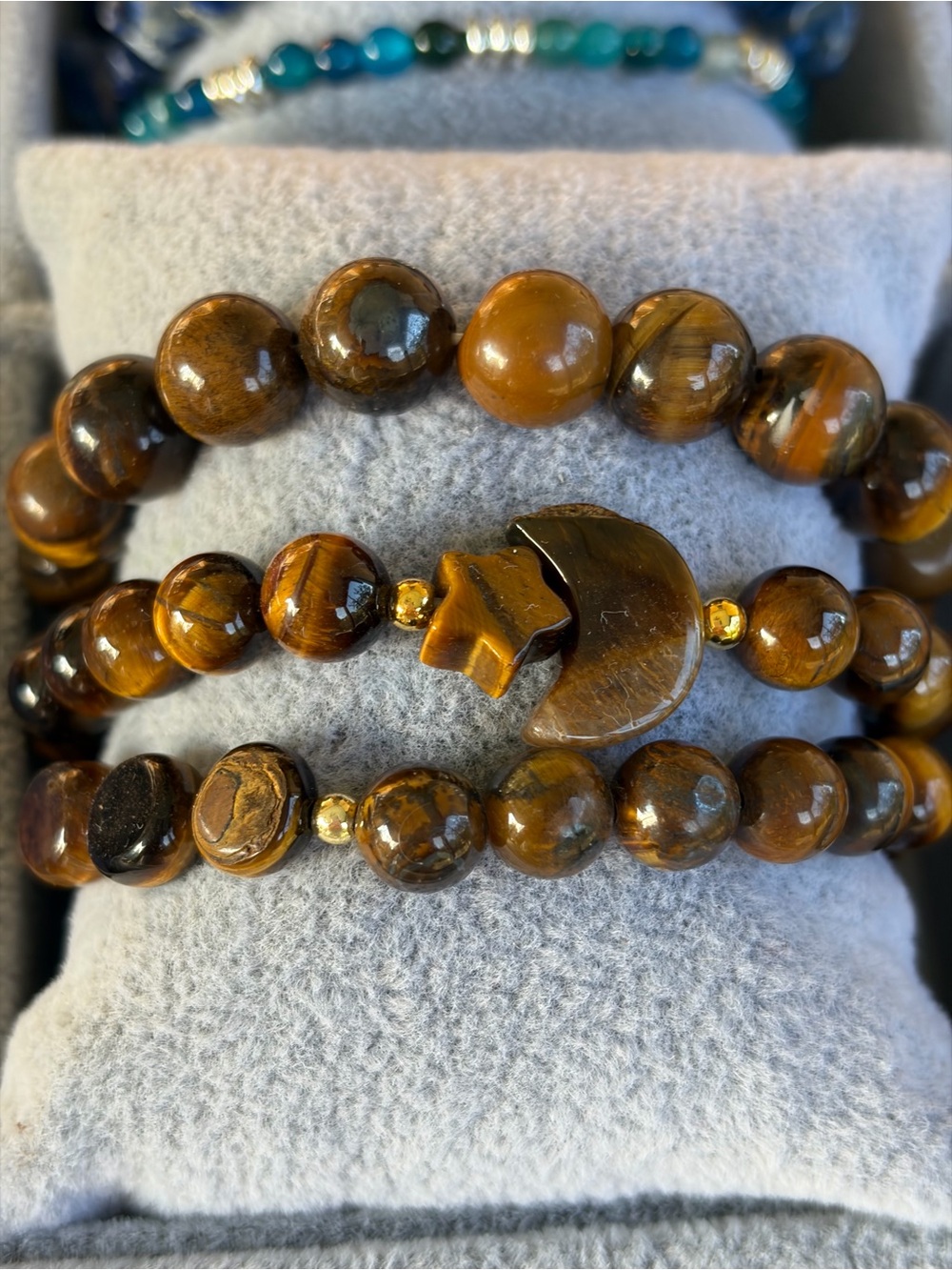 Hand Crafted Tiger Eye Beaded Bracelet 3 Stranded Set with Moon & Star pendants